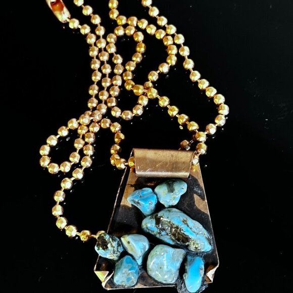 Kingman Turquoise Copper Pendant Necklace Brutalist Gift Choker 24" Handmade - Picture 2 of 5